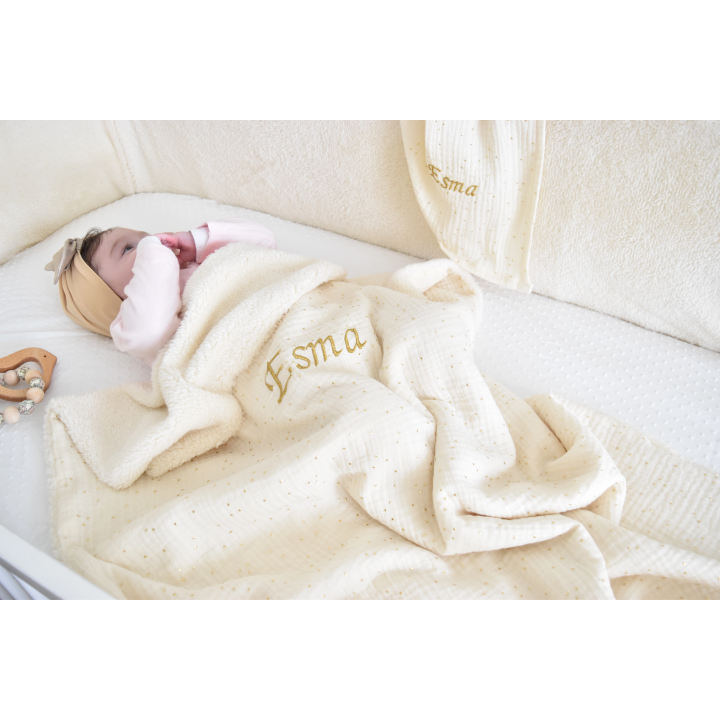 Couverture bébé Tout-Doux pois dorés brodée prénom | P'tit Cœur