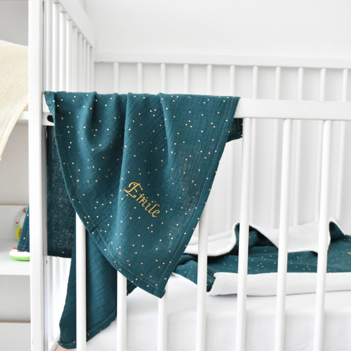 Lange tout-doux bébé brodé prénom gaze pois dorés OEKO-TEX | P'tit Cœur
